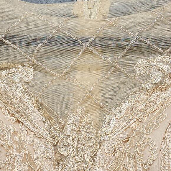 Formal Dress Jacket Set Size 8 Champagne Gold Beaded Lace Chiffon Sheath Party - Picture 5 of 14